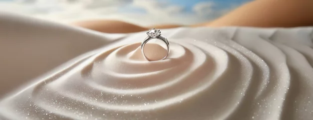 Fotobehang Elegant Engagement Ring on Silky Fabric. A sparkling engagement ring sits atop a creamy swirl of silk fabric, highlighting its elegance © Igor Tichonow