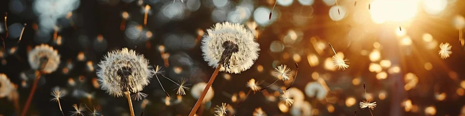 Foto op Plexiglas A tranquil scene of dandelion seeds floating in the air, caught in the soft glow of evening light, embodying the spirit of whimsy. © Fahad