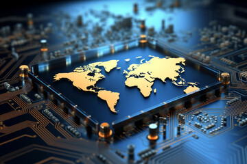 World maps and computer semiconductors, ICs, CPU chips, and circuit boards support the global economy, industry, and society. Technology and innovative ideas concept.