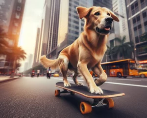 Poster cool skater dog riding a skateboard on the street in the city © clearviewstock