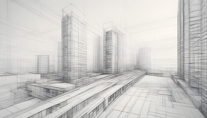 3D illustration, abstract modern urban landscape line drawing, imaginative architecture building...