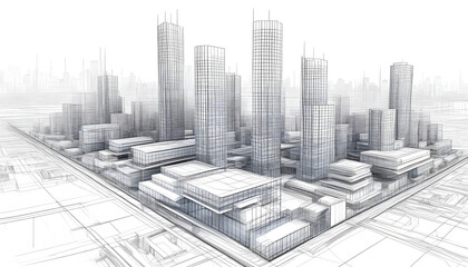 3D illustration, abstract modern urban landscape line drawing, imaginative architecture building construction perspective design.