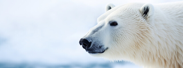 Close-up profile view of majestic polar bear against arctic background, polar bear's natural habitat. World Polar Bear Day awareness about conservation status of polar bears. Banner with copy space