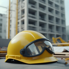 Close up of architecture project of building and yellow helmet over design equipment