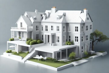 Beautiful stylized layout of a white house on a gray table. AI generate-