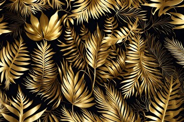 Beautiful vegetal popular glamor background framed with golden tropical leaves. AI generated. By Laura Pashkevich- - obrazy, fototapety, plakaty