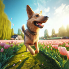 happy dog running and bounding through a field  of tulips on a beautiful day - 696609385