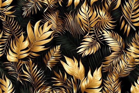 Beautiful vegetal popular glamor background framed with golden tropical leaves. AI generated. By Laura Pashkevich-