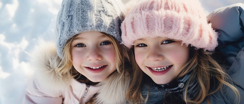 Generative AI image of girls resting in the snow with hats on and winter coats on close up