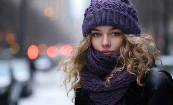 Generative AI image of beautiful woman with a purple scarf in the street in the winter