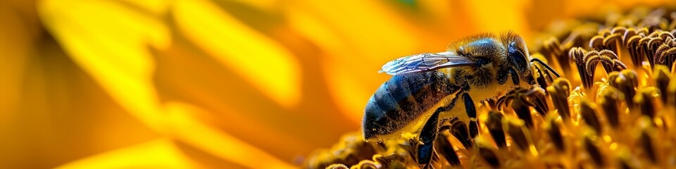 Macro shot of a bee collecting pollen from a vibrant sunflower, a dynamic moment frozen in time...