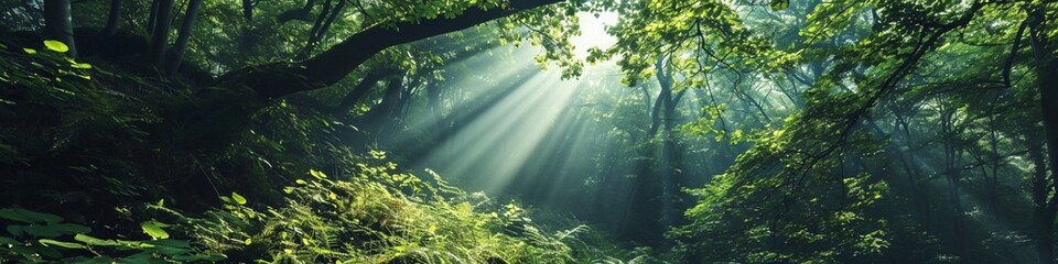 Sunlight filtering through a dense forest canopy, illuminating the untouched beauty of a protected...