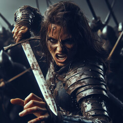 closeup of a strong female warrior enraged and in battle with a sword