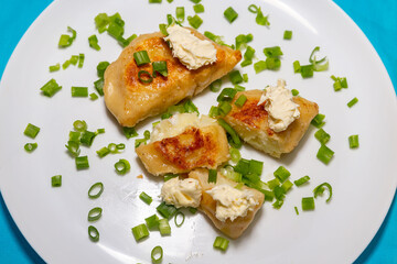 Fried pieroguis Ukrainian traditional food, on white plate on tablecloth decorated with typical Ukrainian embroidery. With cream and fresh chives in fine details. Prudentópolis PR