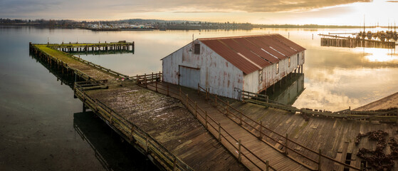 Old aged Semiahmoo Cannery Building at Tounge Point on Semiahmoo Spit in Blaine, WA.  Salmon...