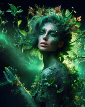 fantasy illustration of beautiful nature goddess, elemental or pixie in a lush jungle forest