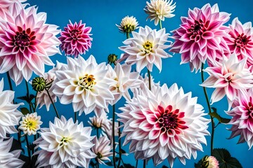 beautiful white-pink dahlia flowers in nature close-up on a blue background. AI generated - obrazy, fototapety, plakaty