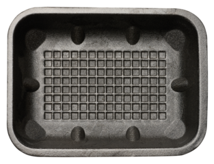 Disposable polystyrene foam rectangular plate for packaging vegetables and meat on a white isolated background