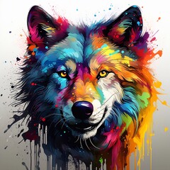 Wolf head with colorful paint splashes on white background. Generative AI