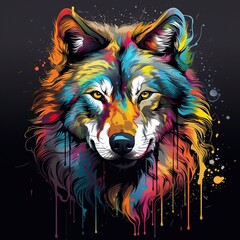 Wolf head with colorful paint splashes on black background. Generative AI