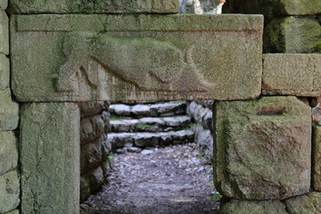 Lion gate named after the VI century BC lintel relief, placed on-site in the V century AD, Butrint archaeological site. Sarande-Albania-161