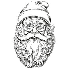Santa Claus Vintage Engraved Line Art Detailed Sketch, Classic Father Christmas Illustration, black white isolated Vector outlines template for greeting card, poster, invitation, logo