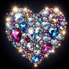 illustration of glittering diamonds and gemstones in a heart shape