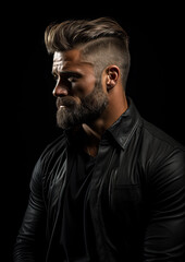 Obraz premium handsome brutal man with a beard, profile photo, studio portrait, barbershop, fashion, haircut, barbershop, biker, courageous, person, people, personal care, black background