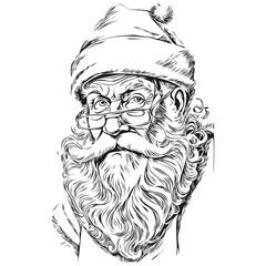 Santa Claus Vintage Engraved Outline Detailed Sketch, Classic Father Christmas Illustration, black white isolated Vector outlines template for greeting card, poster, invitation, logo