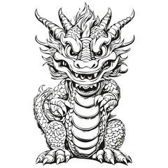 Year of the Dragon Vintage Engraving and Hand Drawn Sketch, black white isolated Vector ink template for greeting card, poster, invitation, logo