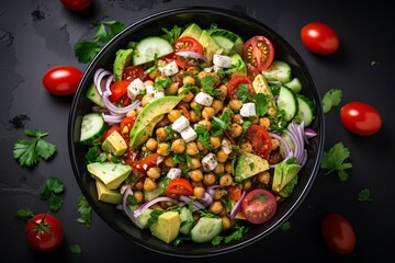 Fresh avocado salad with cherry tomatoes, cucumber, red onion, and lettuce on dark blue background.