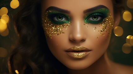 Gold glitter makeup, dazzlingly vibrant and irresistibly shimmering against a deep, sparkling green background