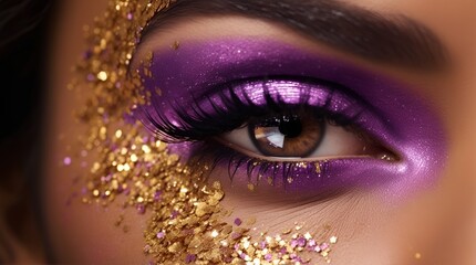 Gold glitter makeup, dazzlingly vibrant and irresistibly shimmering against a deep, sparkling lilac background