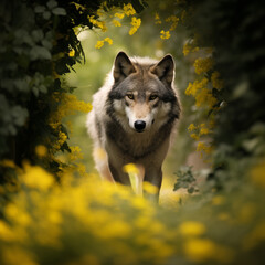 Lobo cinzento em um túnel de flores amarelas com a luz difusa do sol em um jardim de primavera - Papel de parede