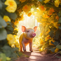 Porco rosa em um túnel de flores amarelas com a luz difusa do sol em um jardim de primavera - Papel de parede