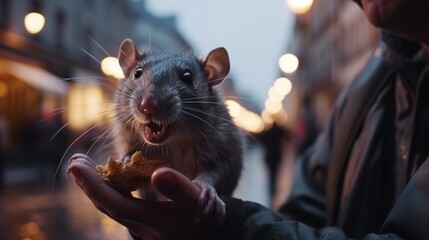Ratten in Paris, der Stadt der Lichter. Die Ratte kommt aus der Kanalisation in die Stadt - obrazy, fototapety, plakaty