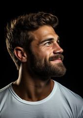 Obraz premium stylish young guy with a neat short beard in a white T-shirt in profile on a black background, beautiful studio light, barbershop, fashion, haircut, hairdresser, biker, courageous man, person