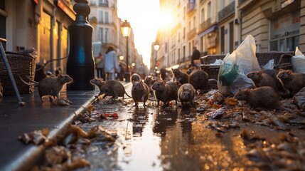 Ratten in Paris, der Stadt der Lichter. Die Ratte kommt aus der Kanalisation in die Stadt - obrazy, fototapety, plakaty