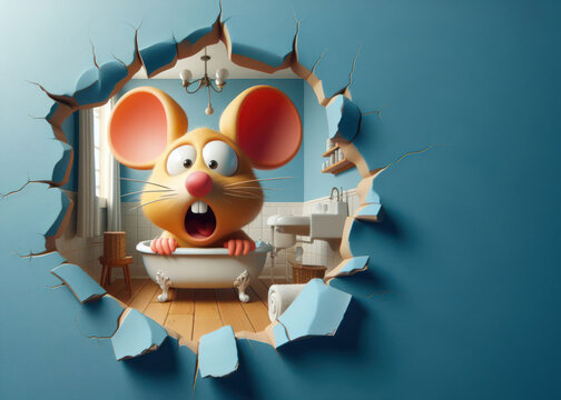 3d illustration of a funny mouse in the bath shocked by hole in the wall
