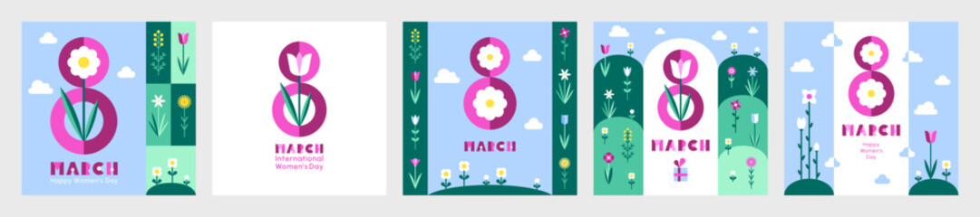 8 March, International Women's Day vector greeting cards set, collection. Square shape. Simple spring stylized flowers. Modern trendy flat minimalist geometric style, bright colors illustrations.  - obrazy, fototapety, plakaty