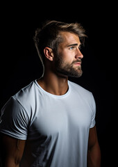 Naklejka premium stylish young guy with a neat short beard in a white T-shirt in profile on a black background, beautiful studio light, barbershop, fashion, haircut, hairdresser, biker, courageous man, person