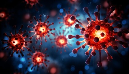 Flu covid 19 virus cell on dark blue background during coronavirus outbreak and influenza pandemic - obrazy, fototapety, plakaty