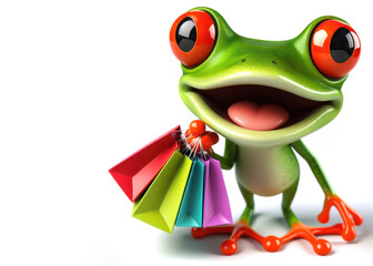 great 3d illustration of a funny red eyed tree frog with shopping bags