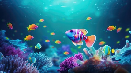 Naklejka na ściany i meble Colorful tropical fish swimming among vibrant coral reefs