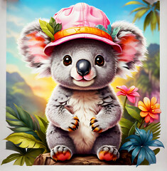 Cute cartoon koala wearing a pink hat on nature background. Generative AI