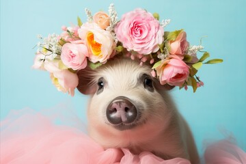 Stylish happy pig on pastel color background with copy space and creative design options