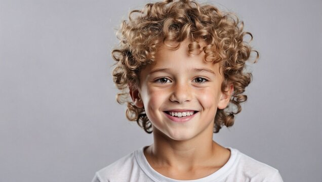 Smiling cute little russian boy with curly hair, gray background, can be used for portrait studio shoot and advertising