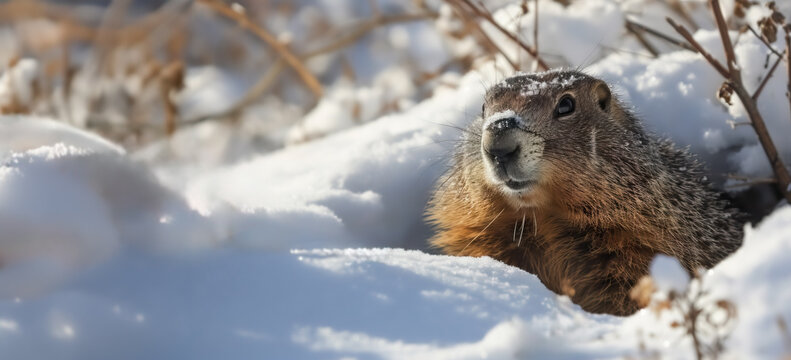Groundhog's Glimpse, A Whimsical Image of the Furry Forecaster Emerging from Its Snow-Covered Den on Groundhog Day.