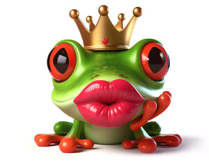 3d illustration of a funny red eyed tree frog with a crown waiting for a kiss on valentines day - 696616548