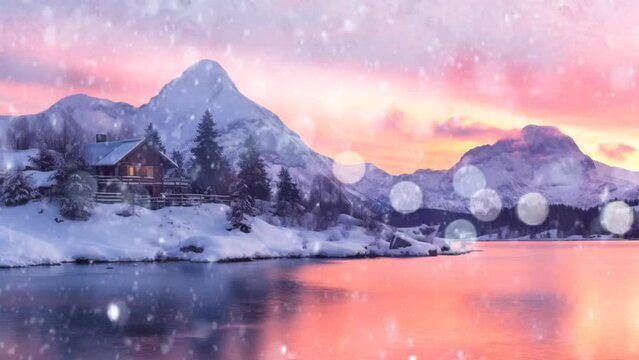 Winter landscape in the mountains at sunset with a wooden house and snow covered lake. seamless looping  time-lapse virtual video animation background. 
